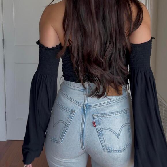 Black Off Shoulder Crop Top - Picture 1 of 5